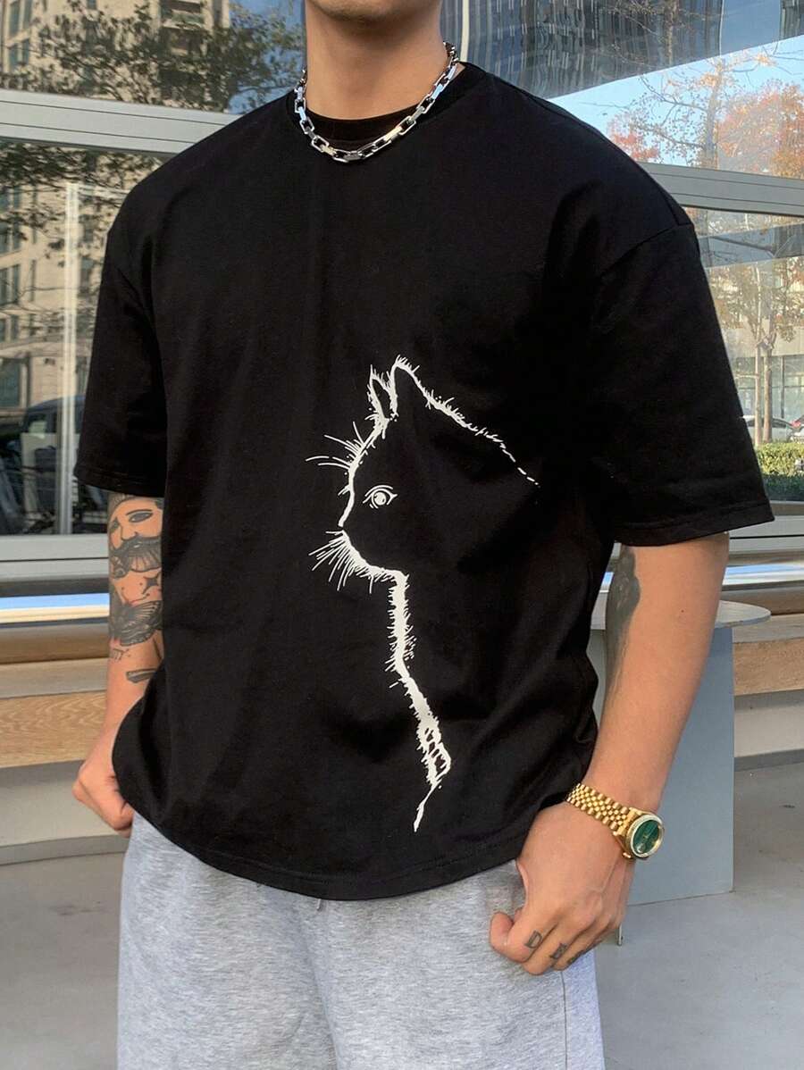 DAZY 男式抽象猫咪印花休闲街头图案 T 恤