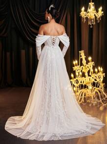 Glamrae Elegante, lujoso y romántico vestido de novia con diseño de manga transparente de malla bordada con cuentas, escote hombros descubiertos, manga tipo gota con adorno de cinta, falda ajustada de sirena con vuelo y volumen de tul, ideal para bodas - Blanco - Ver 4