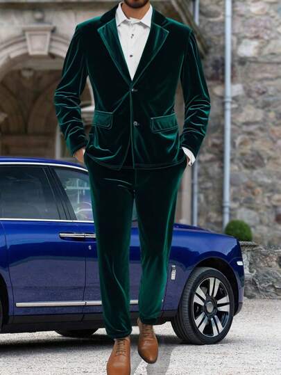 2pcs Tween Boy Academy Style Casual Korean Velvet Blazer Jacket And Elastic Waist Suit Pants Set, Suitable For Autumn, Spring, Outdoor Play, School, Street Style, Party And Home Leisure