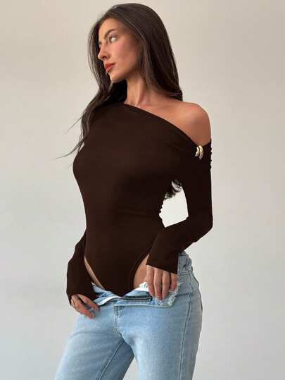 Aloruh 黑色现代时尚扭纹金属装饰长袖紧身衣，女士正式性感服装