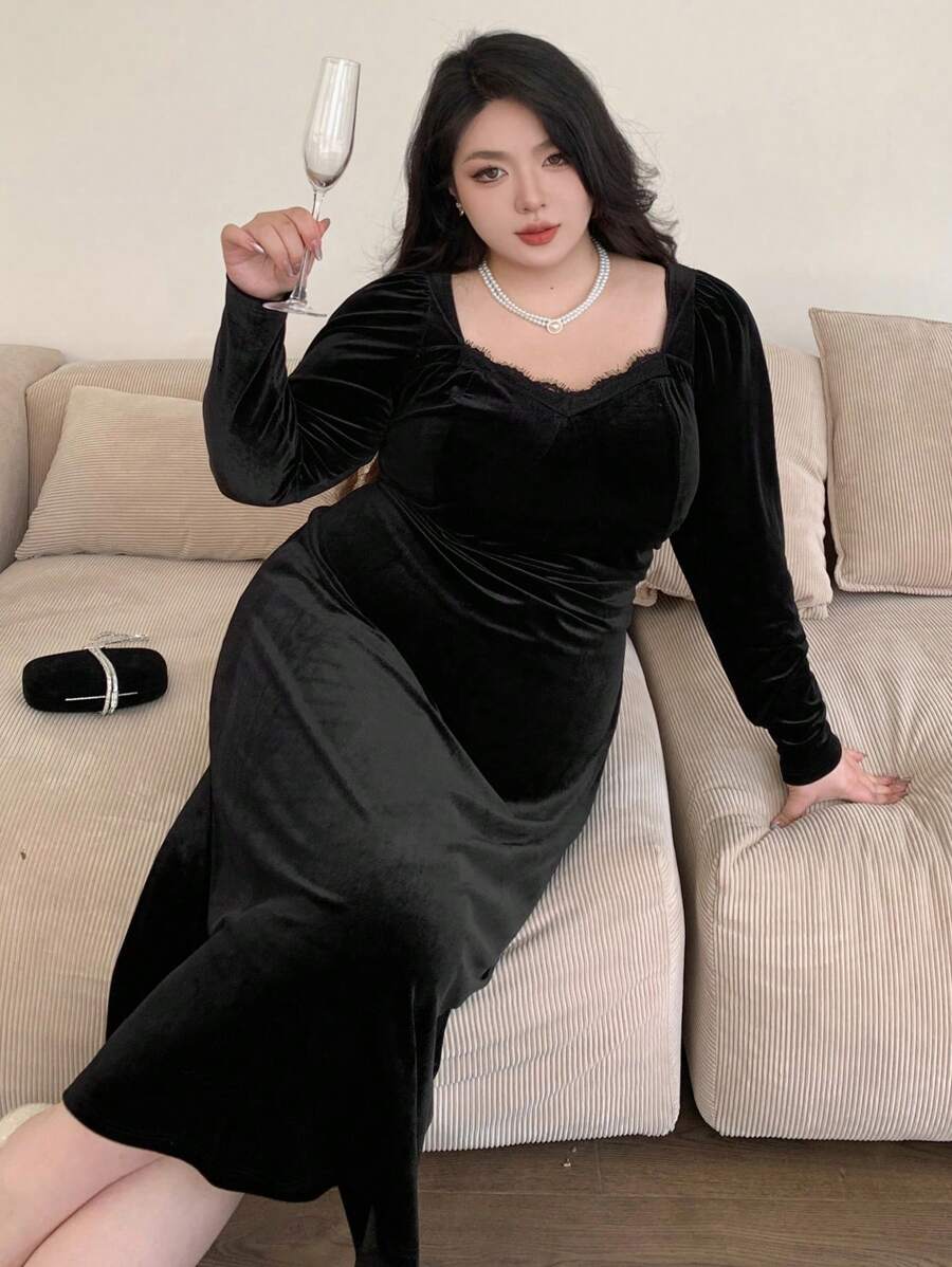 Dazy Plus Contrast Lace Fitted Long Sleeve Mid-Length Dress, Spring/Summer/Autumn - Black - View 1