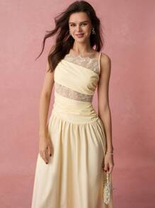 Enchnt Spring And Summer Romantic Ladies Yellow Delicate Lace Pleated Waist Spaghetti Straps Dress, Sweet And Elegant Sundress, Suitable For Wedding Season, Holidays, Vacation, Sweet Date, Daily Commuting And Graduation Season, Ladies Summer Clothing, Elegant Dress