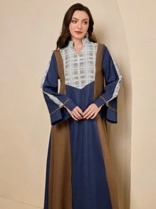 Al Najma رمضان فستان ماكسي أنيق على طراز دبي ذو طابع جنوب شرق آسيوي أنيق وبسيط، بياقة واقفة وأكمام طويلة مع تصميم ألوان متباينة، مناسب للاستخدام في العطلات وكافتان وجلابية - الأزرق - مشاهدة 5