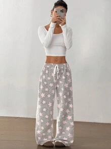 Flirla Christmas New Plush Print Comfortable Women Loose Straight Leg Pants
