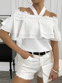 Chiquease Chemisier élégant pour femmes à épaules dénudées avec volants en couleur unie