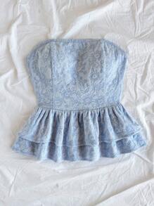 Soleia 女人度假女士休闲天蓝色提花领带露背荷叶边抹胸夏季可爱午餐休闲返校天蓝色上衣