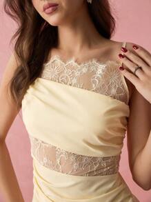Enchnt Spring And Summer Romantic Ladies Yellow Delicate Lace Pleated Waist Spaghetti Straps Dress, Sweet And Elegant Sundress, Suitable For Wedding Season, Holidays, Vacation, Sweet Date, Daily Commuting And Graduation Season, Ladies Summer Clothing, Elegant Dress
