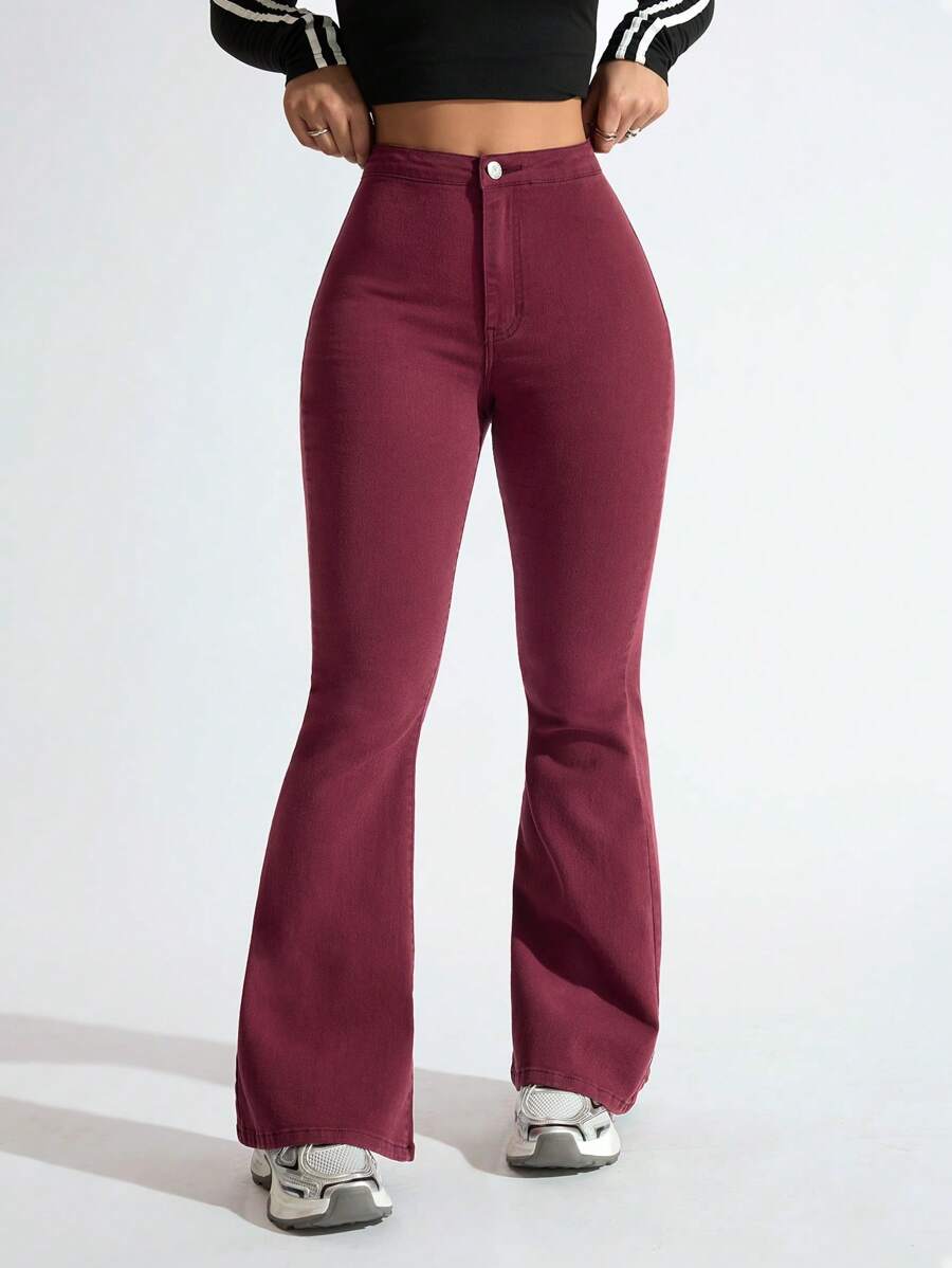 SHEIN Privé Women's Flared Casual Versatile Denim Jeans - Burgundy - View 1