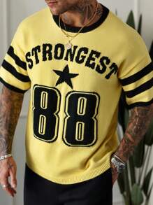 Manfinity Homme Men's Letter & Pentagram Pattern Crew Neck Short Sleeve Knit Top, Spring/Autumn