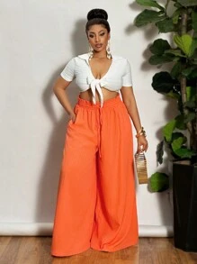 Slaydiva Women Plus Size Vacation Textured High Waist Wide Leg Pants - Orange - View 3