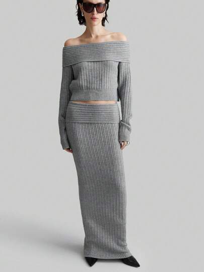 Ontre 2pcs Grey Foldover Off Shoulder Cropped Blouse & Elastic Waist Body-Con Skirt Set, Elegant Fashion For Daily Wear, Vintage Style