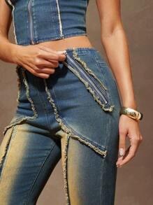 Denimoi Women's Patchwork Fringed Zipper Design Straight-Leg Casual Versatile Jeans - Medium Wash - View 2