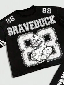 ROMWE MEN Prep Men 2 Pieces Set (T-Shirt + Pants), Minimalist Casual Outfit For Daily Wear - Black and White - View 4