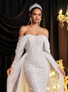 Glamrae Elegante, lujoso y romántico vestido de novia con diseño de manga transparente de malla bordada con cuentas, escote hombros descubiertos, manga tipo gota con adorno de cinta, falda ajustada de sirena con vuelo y volumen de tul, ideal para bodas - Blanco - Ver 5