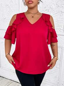 SHEIN Clasi Plus Size Women Solid V Neck Off Shoulder Tulip Ruffle Sleeve Elegant Romantic Valentine's Day Party Blouse