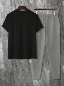 Manfinity Homme 男士大码 T 恤和裤子套装，休闲、简约，适合日常穿着 - 彩色 - 查看 2