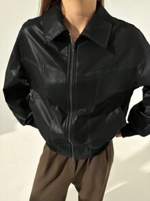 Aloruh New Vintage Style Stand Collar American Contrast Stitching Jacket Outerwear - Black - View 7