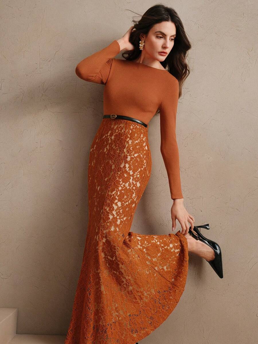 Anewsta Elegant High Waist Floral Lace Patchwork Fishtail Sweater Dress