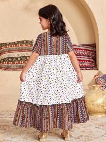 SHEIN Rochie cu mânecă scurtă pentru fată tânără, lejeră, lejeră, minimalistă, confortabilă, cu gât rotund, model mozaic