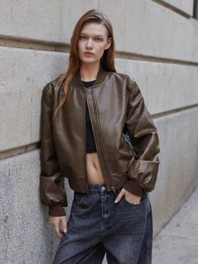 Maija 女式四季百搭休闲棕色短款前拉链罗纹领宽松落肩长袖夹克嬉皮士