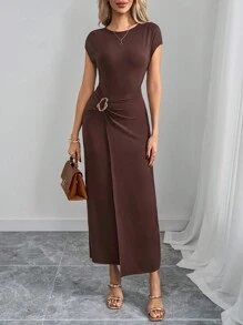 Ellevyn Women's Elegant Metal Button Decoration Twist Waist Long Sleeve Dress For Work And Daily Wear Women's Summer Clothing Ladies Dress Elegant Carnival Summer Women's Dress, Summer Dress Spring Wear Solid Black