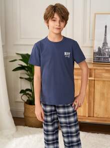 SHEIN Tween Boys Letter Print Crew Neck Short Sleeve T-Shirt And Plaid Pants Casual Pajama Set Teen Boy Clothes Teen Boys Sets Boy Set Clothes Boy Clothes 14 - Dusty Blue - View 3