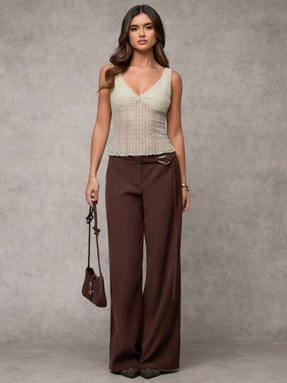 SHEIN BAE 女士杏色纯色性感蕾丝边紧身背心，适合日常外出、下午茶派对、通勤、休闲、春季服装、风格