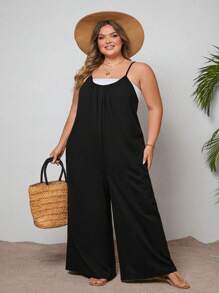 SHEIN CURVE+ Plus Size Solid Color Loose Jumpsuit With Pockets, Without Top - Black - View 6