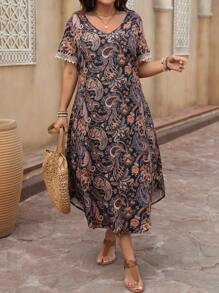 Breezaya 大码女式情人节花卉印花拼布蕾丝边常规版型 V 领短袖凉爽连衣裙、减压装、优雅时尚、夏季家居服、春假节日波西米亚风 - 彩色 - 查看 1