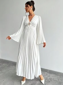 Firerie Valentinstag Damen V-Ausschnitt Zugband plissiertes Weitausschwingendes-Ärmel tailliertes langes weißes Kleid, elegantes minimalistisches Design für den Alltag, Dates, Partys, romantische Anlässe, Herbst/Winter/Frühling, weißes Abschlussballkleid - Weiss - Übersicht 3