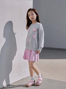 2pcs/Set Young Girls Fashion Digital Pink Heart Print Hoodie With 3D Heart Decor & Pleated Mini Skirt, Spring/Autumn