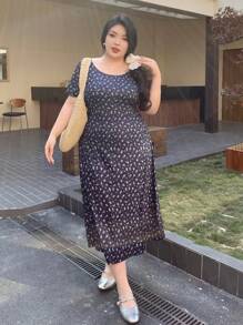 Dazy Plus 大码蝴蝶结装饰露背印花修身中长连衣裙，春夏女工连衣裙度假装 - 藏蓝色 - 查看 6