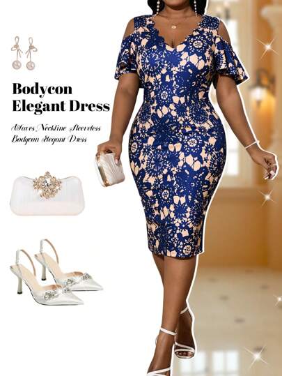 Fleurora Plus Size Women Off-Shoulder Wave Neck Bodycon Elegant Dress For Commuting