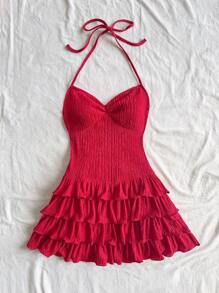 Soleia Vestido corto con volantes en el escote y el bajo, estilo romántico, ideal para vacaciones, Navidad, Año Nuevo, citas del Día de San Valentín
