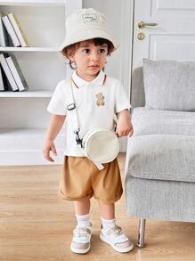 SHEIN 2pcs/Set Cute Cartoon Bear Print Lapel Short Sleeve Polo T-Shirt And Solid Color Shorts For Baby Boy And Baby Girl, Casual Outfit For Spring And Summer Indoor And Outdoor Wear - Khaki - View 5