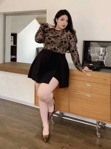 Dazy Plus 圆领植绒弹力修身女上衣，春夏长袖女上衣 - 咖啡棕 - 查看 3