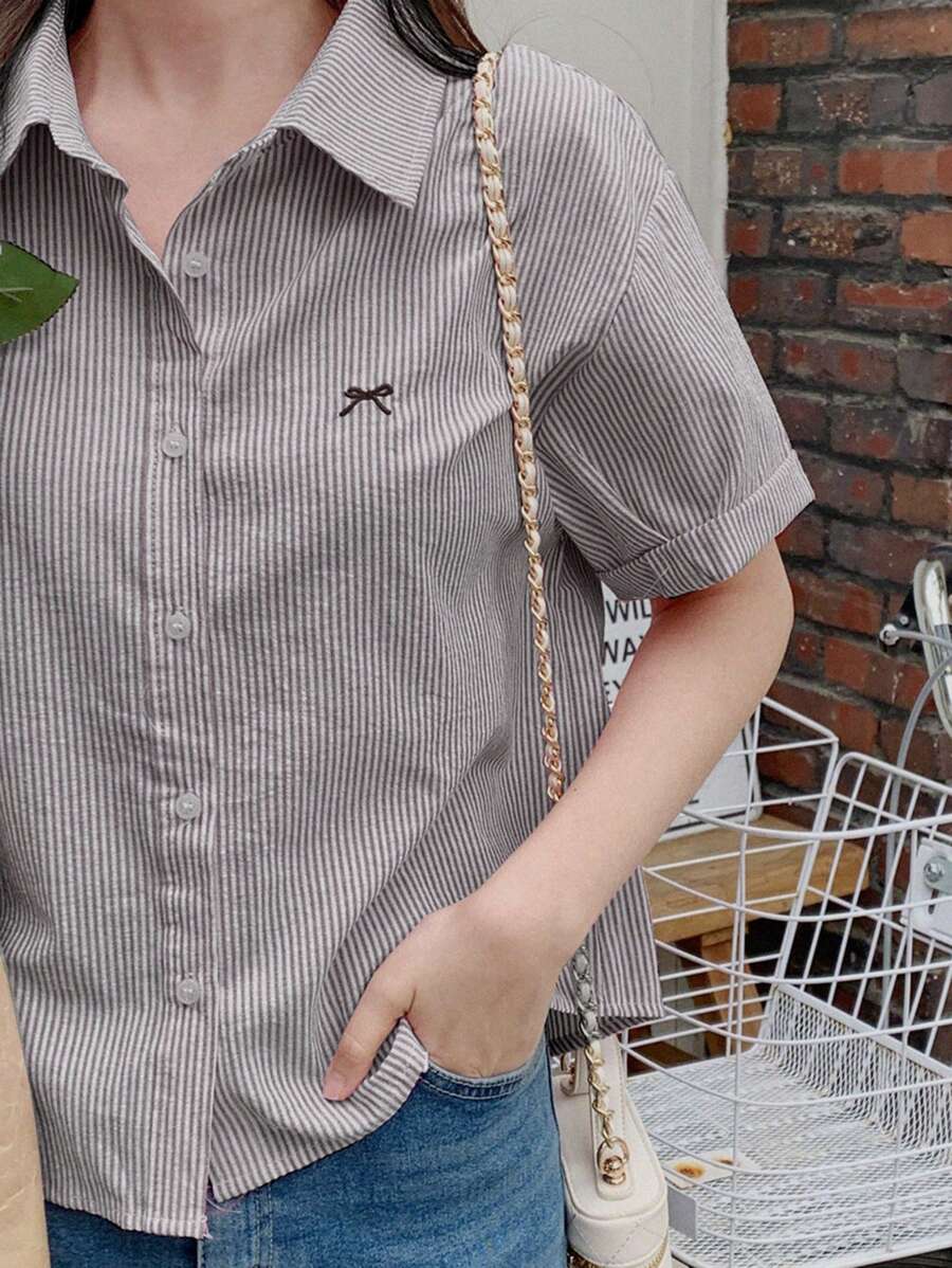 DAZY Women's Bow Embroidered Turndown Collar Loose Short Sleeve Blouse, Spring/Summer - Black and White - View 1