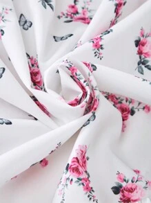 1pc Tween Girl Floral Print Pastoral Style V-Neck Dress, Spring/Summer - White - View 5