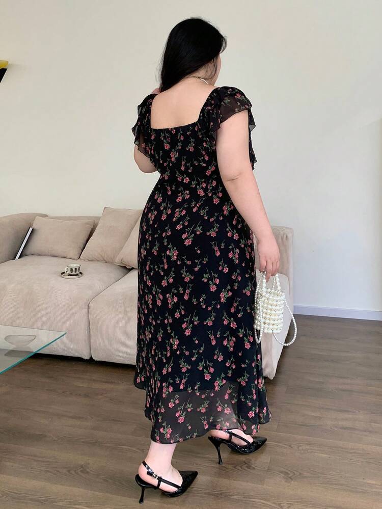 Dazy Plus Plus Size Floral Print Deep V-Neck Midi Dress, Spring/Summer Sundress Vacation Outfits Women
