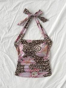 Soleia Women's Halter Tie-Up Side Ruched Leopard Floral Print Cami Top, Suitable For Vacation - Multicolor - View 5