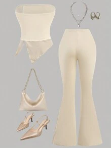 SHEIN Girlism Conjunto de 2 piezas para adolescentes: Top corto con pliegues y bajo asimétrico y pantalones acampanados para Año Nuevo - Albaricoque - Ver 2