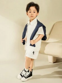 SHEIN 年轻男孩休闲纯白色短袖常规拉链上衣，适合春夏日常穿着