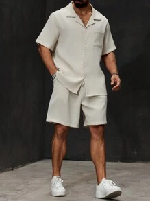 Manfinity Homme Plus Size Men Solid Color Short Sleeve Single-Breasted Pocket Shirt And Shorts Casual Suit