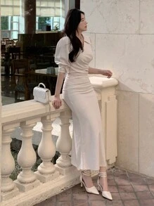 DAZY 女士纯色修身腰部不对称领长款连衣裙，春夏优雅衬衫裙/长款连衣裙 - 杏色 - 查看 4