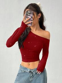 SHEIN EZwear Women's Sparkle Top, Dark Red Glitter Bling Top, One Shoulder Long Sleeve Crop Top,Off The Shoulder Top