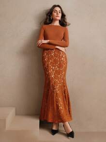 Anewsta Elegant High Waist Floral Lace Patchwork Fishtail Sweater Dress