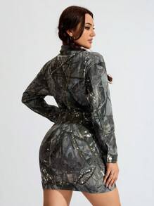 SHEIN EZwear Damen Langarm Einreihiges Kleid mit Gürtelschnalle Design, Slim Fit Jeans Camouflage Muster - Verschiedenfarbig - Übersicht 3