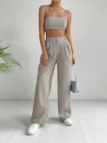 SHEIN EZwear Top corto de color rosa sólido y pantalones de pierna ancha estilo para ir al trabajo - Gris Claro - Ver 5