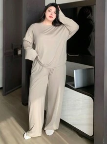 Dazy Plus Ensemble de pyjama à col rond unicolore et ample, vêtements de nuit pour toutes les saisons