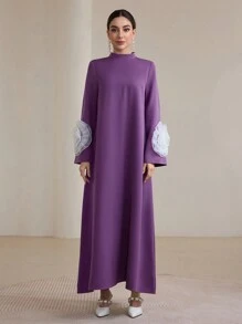 Graceveil Váy chữ A dài tay phong cách Ả Rập dành cho nữ có cổ đứng và điểm nhấn hoa 3D khiêm tốn - Màu tím - Xem 5